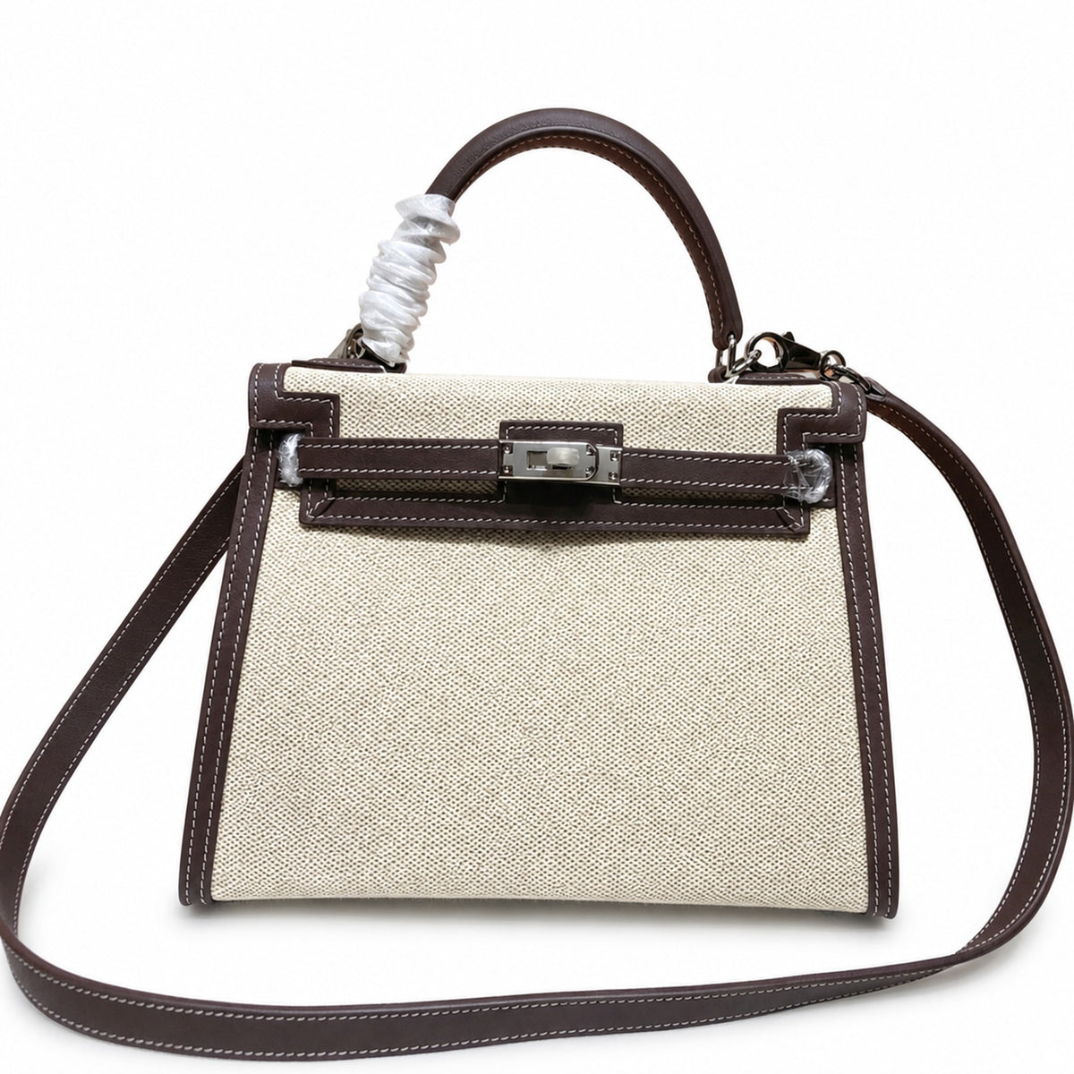 Kelly 25cm Patchwork Canvas and Swift Leather in Deep Ebony — Versatile Structured Bag