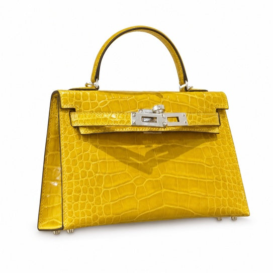 Kelly Sellier 19cm Jaune Ambre Shiny Crocodile Leather Gold Hardware & Palladium Hardware — Structured Top-Handle Handbag