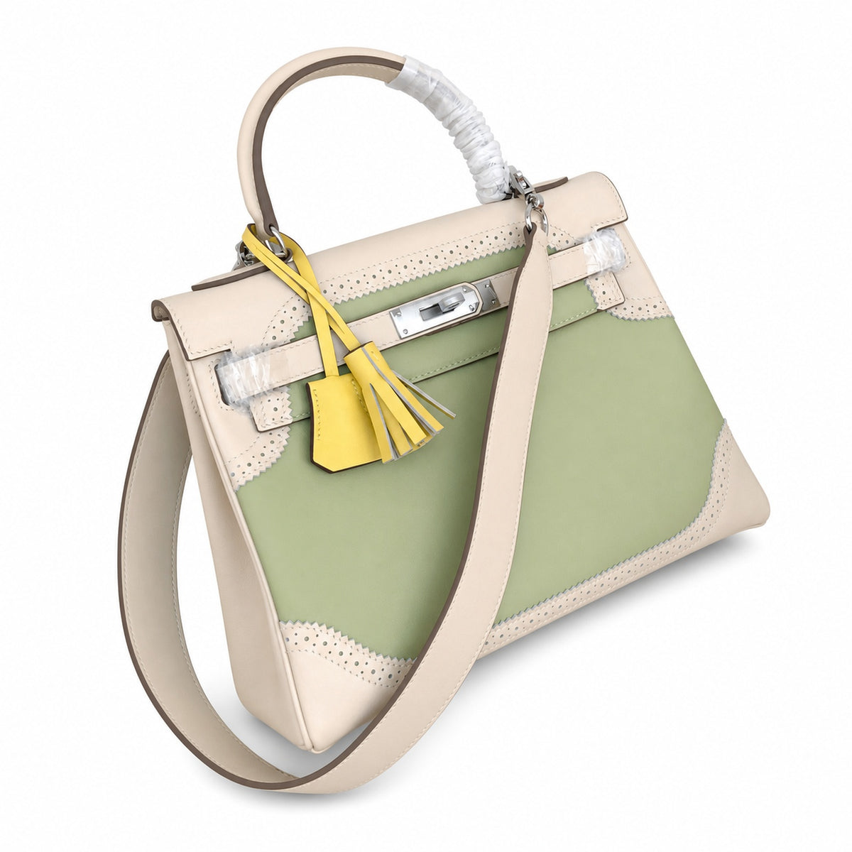 Kelly Sellier Ghillies 28cm Craie & Vert Pomme Barenia Leather Palladium Hardware — Versatile Structured Bag