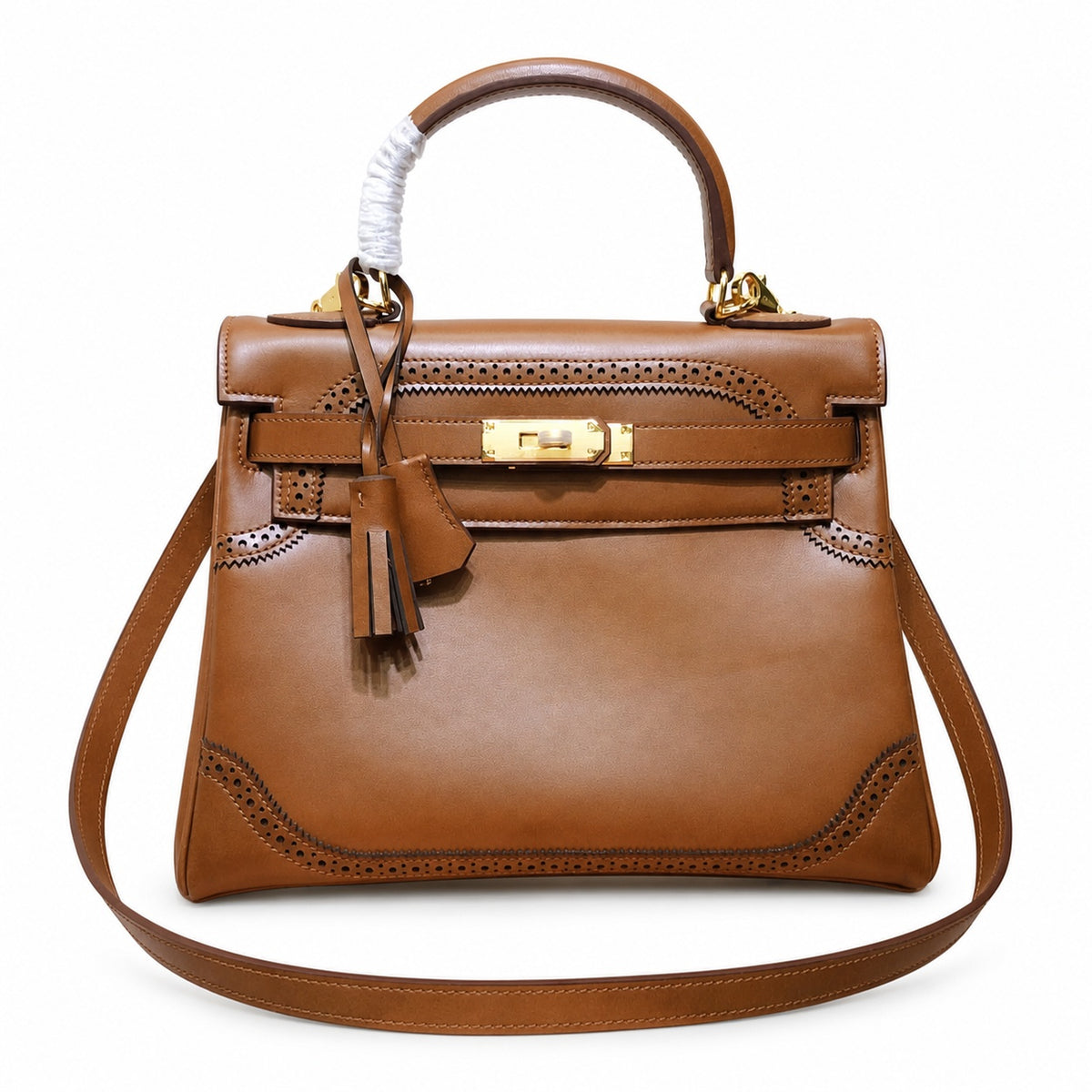 Kelly Sellier Ghillies 28cm Natural Sable Barenia Leather Gold Hardware — Streamlined Top-Handle Handbag