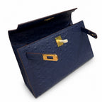 Mini Kelly Sellier 22cm Bleu Nuit Ostrich Leather Gold Hardware — Compact Top-Handle Bag