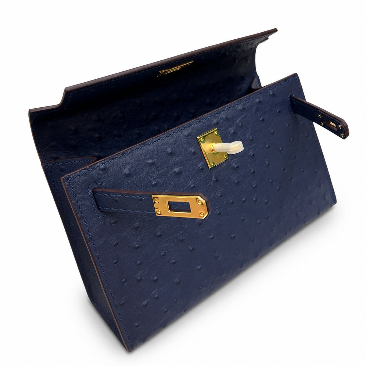 Mini Kelly Sellier 22cm Bleu Nuit Ostrich Leather Gold Hardware — Compact Top-Handle Bag