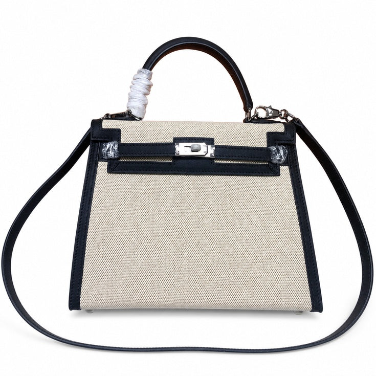 Kelly 25cm Patchwork Canvas and Swift Leather in Black — Polished Structured Handbag