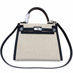 Kelly 25cm Patchwork Canvas and Swift Leather in Black — Polished Structured Handbag