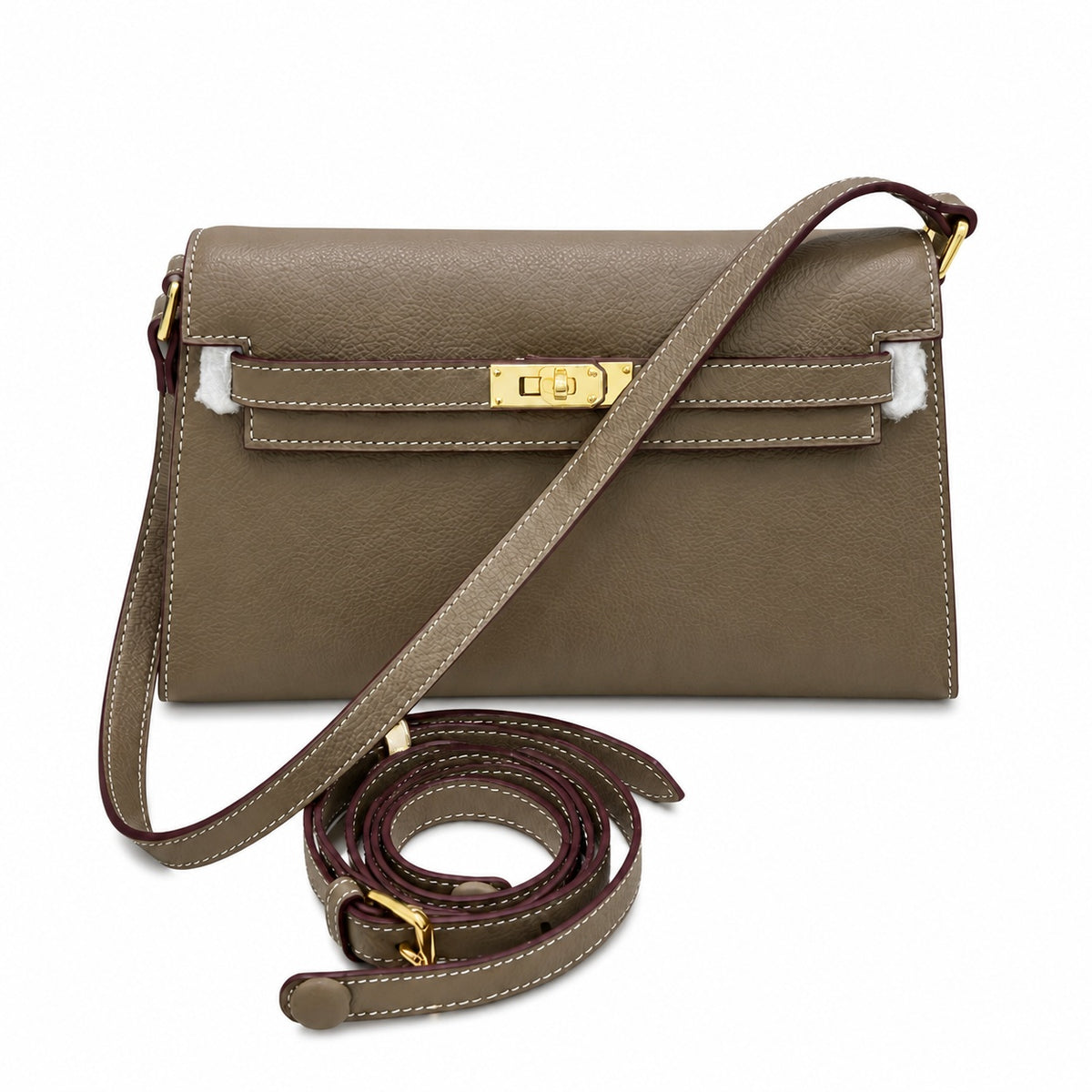 Kelly Elan 25x6.5x15cm Faux Kelly Underarm Baguette Bag in Khaki with Gold Hardware — Refined Underarm Handbag