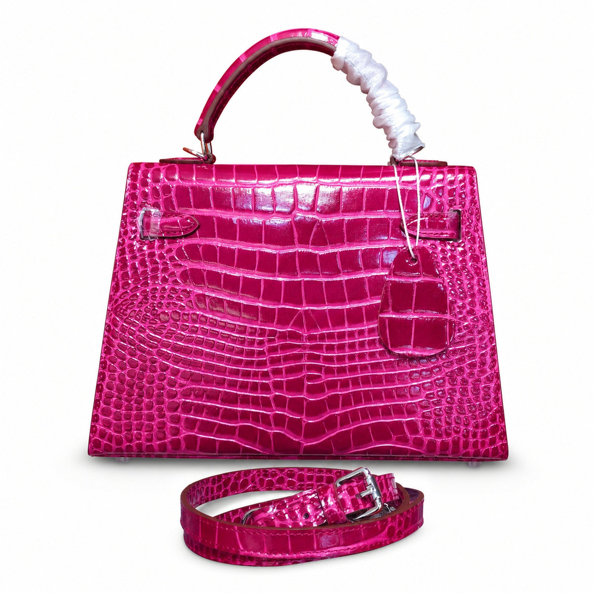 Kelly Sellier 22cm Fuchsia Shiny Crocodile Leather Gold Hardware & Palladium Hardware — Streamlined Top-Handle Handbag
