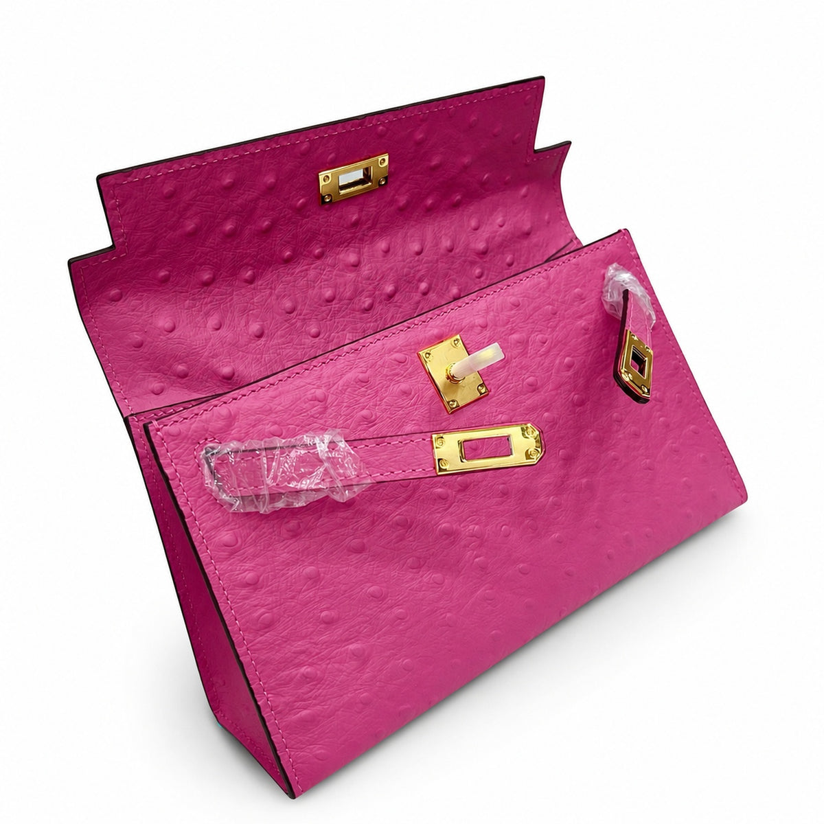 Mini Kelly Sellier 22cm Rose Tyrien Ostrich Leather Gold Hardware — Elegant Compact Carry Style