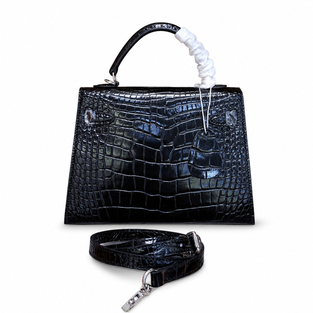 Kelly Sellier 22cm Noir Shiny Crocodile Leather Gold Hardware & Palladium Hardware — Classic Hand-Carry Silhouette