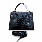 Kelly Sellier 22cm Noir Shiny Crocodile Leather Gold Hardware & Palladium Hardware — Classic Hand-Carry Silhouette