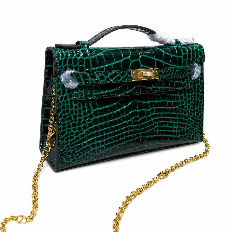 Kelly Pochette Vert Emeraude Shiny Niloticus Crocodile Leather Gold Hardware Women Clutch Bag — Polished Compact Shoulder Style
