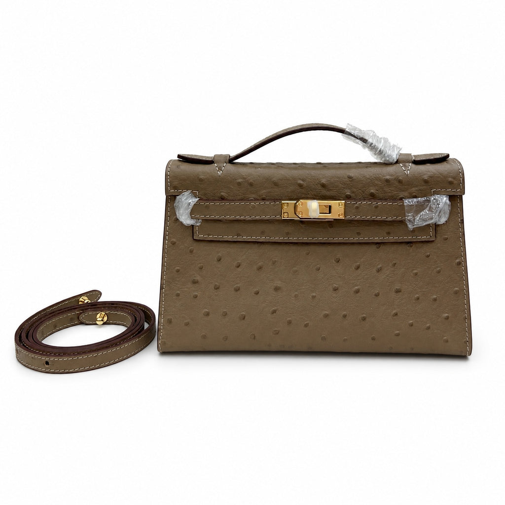Mini Kelly II Sellier 19cm & 22cm Etoupe Ostrich Leather Gold Hardware — Elegant Compact Carry Style