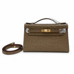 Mini Kelly II Sellier 19cm & 22cm Etoupe Ostrich Leather Gold Hardware — Elegant Compact Carry Style