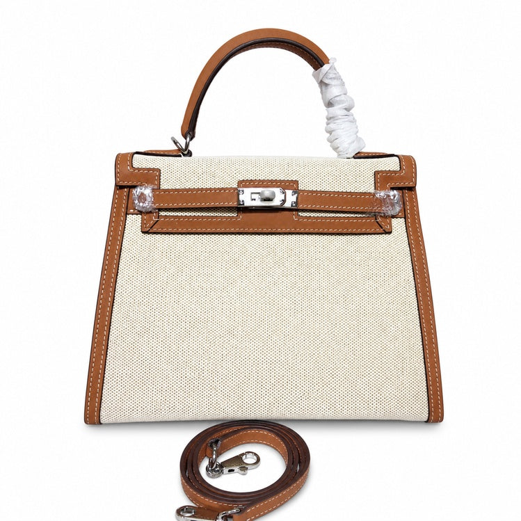Kelly 25cm Patchwork Canvas and Swift Leather in Warm Brown — Versatile Structured Bag