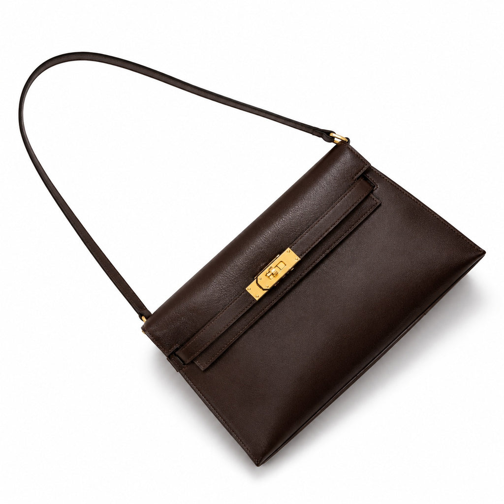 Kelly Elan 25x6.5x15cm Underarm Baguette Bag in Brown with Gold Hardware — Versatile Underarm Carry Style