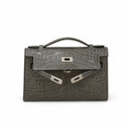 Kelly Pochette Gris Elephant Shiny Niloticus Crocodile Leather Palladium Hardware & Palladium Hardware Women Clutch Bag — Refined Small Hand-Carry Bag