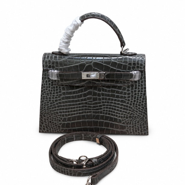 Kelly Sellier 22 Étoupe Shiny Alligator Silver Hardware — Streamlined Top-Handle Handbag