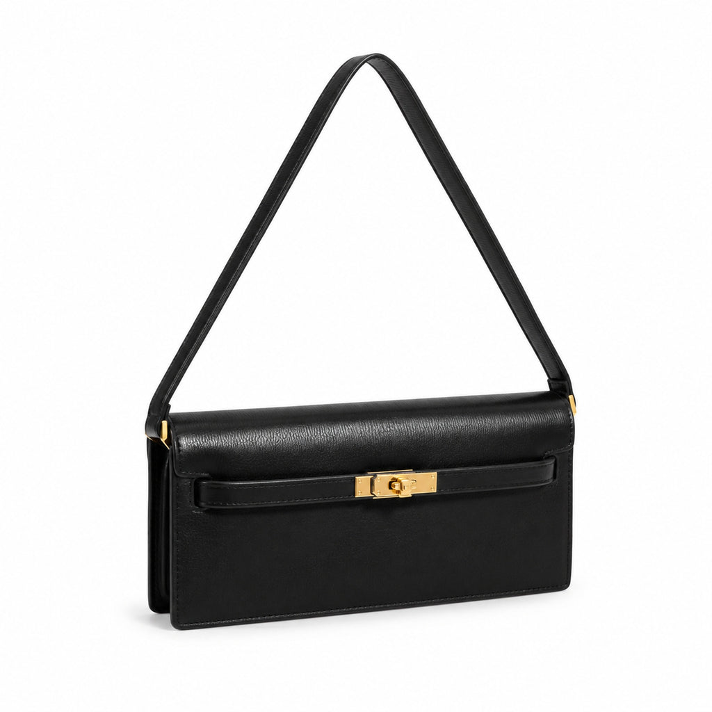 Kelly Elan 25x6.5x15cm Underarm Baguette Bag in Black with Gold Hardware — Streamlined Elan Carry Design