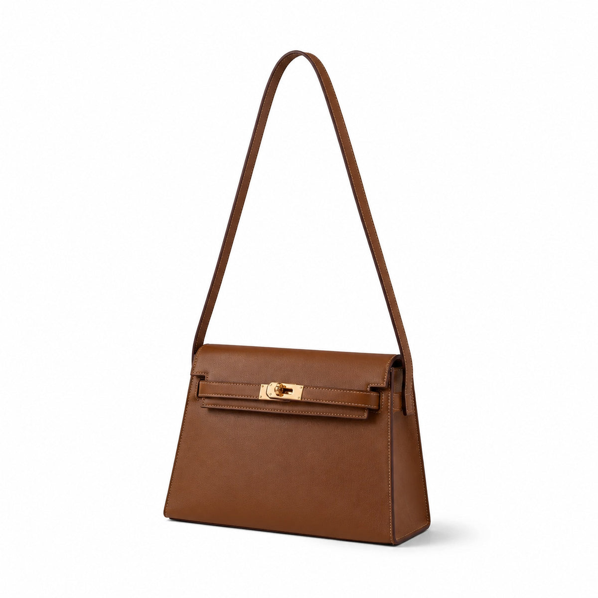 Kelly Elan 25x6.5x15cm Underarm Baguette Bag in Brown with Gold Buckle — Distinctive Elongated Handbag
