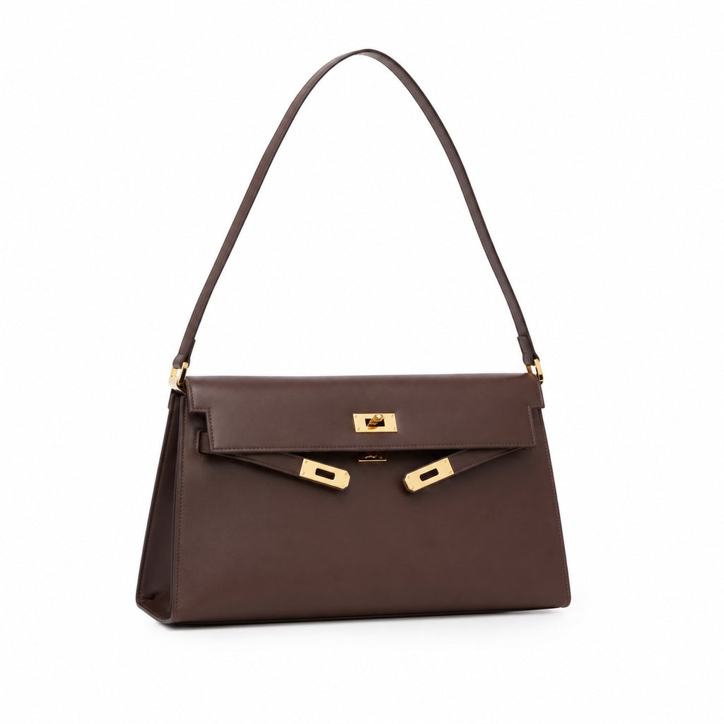 Kelly Elan 25x6.5x15cm Underarm Baguette Bag in Brown with Gold Hardware — Versatile Underarm Carry Style