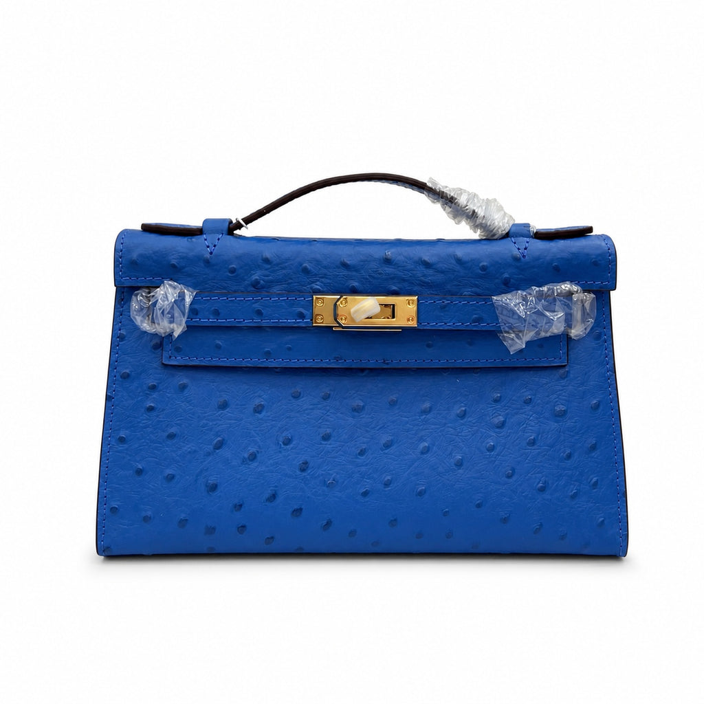 Mini Kelly Sellier 22cm Bleu Electrique Ostrich Leather Gold Hardware — Distinctive Petite Bag