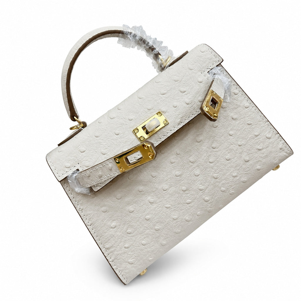 Mini Kelly II 19cm Sellier Craie Ostrich Gold Hardware Premium Women Daily — Compact Top-Handle Bag