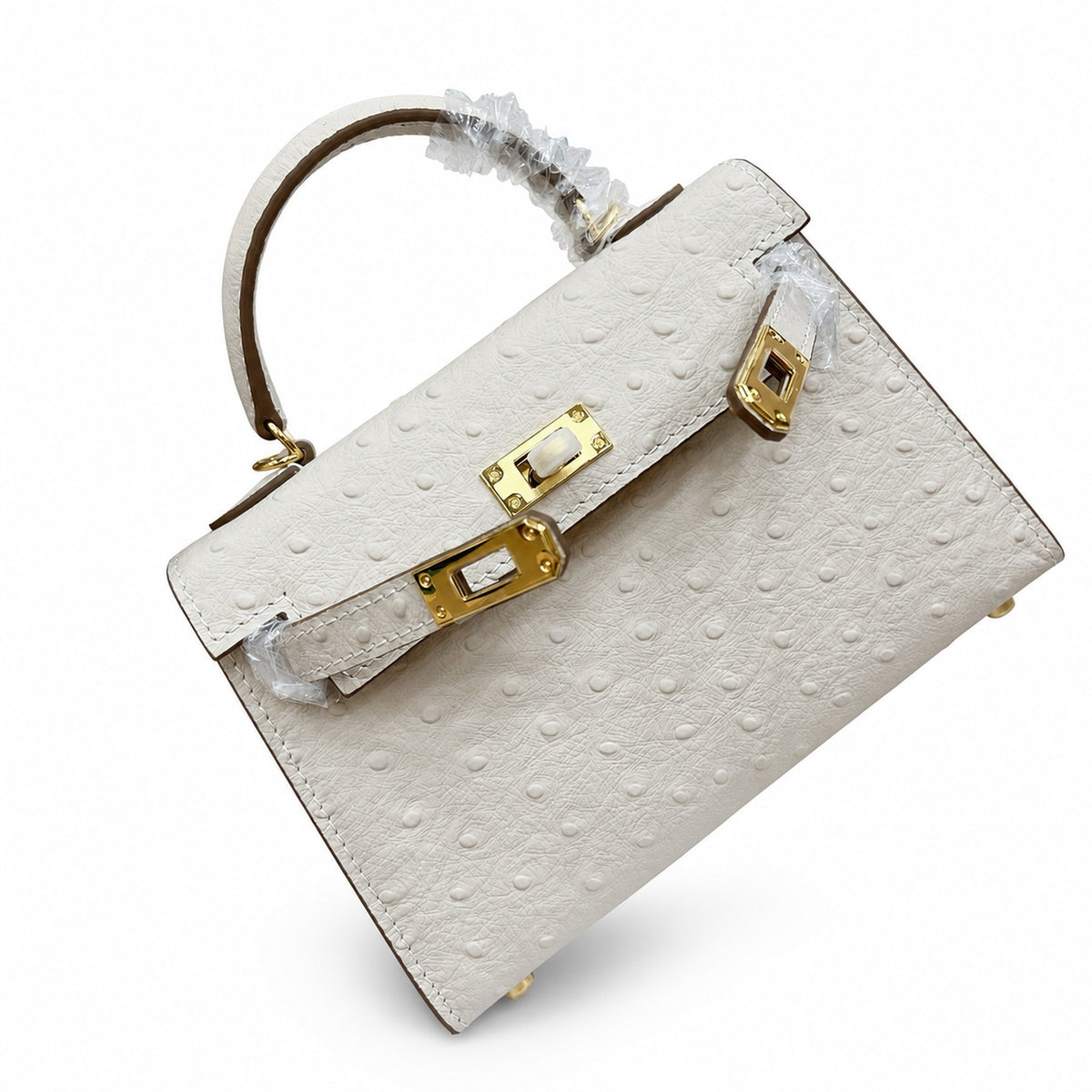 Mini Kelly II 19cm Sellier Craie Ostrich Gold Hardware Premium Women Daily — Compact Top-Handle Bag