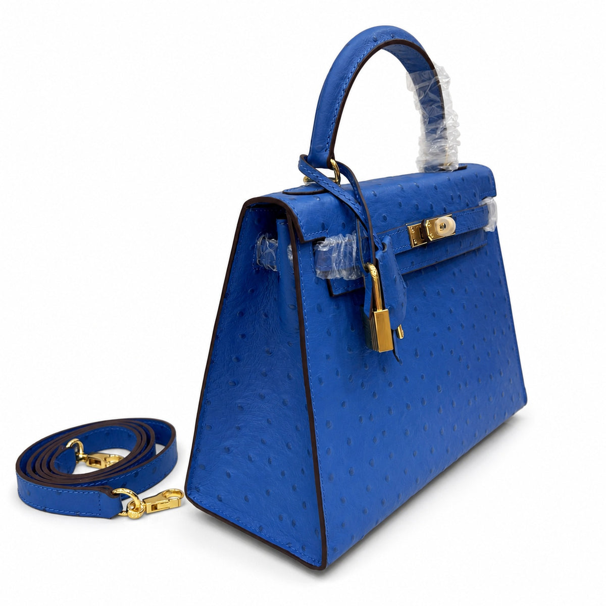 Kelly Sellier 25cm Bleu Electrique Ostrich Gold Hardware Premium Crossbody Purse — Structured Top-Handle Handbag