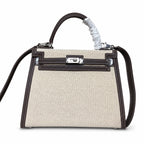 Kelly 25cm Patchwork Canvas and Swift Leather in Deep Ebony — Versatile Structured Bag