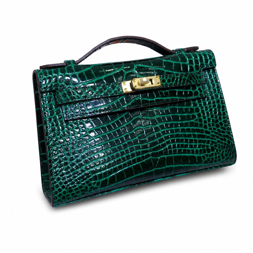 Kelly Pochette Vert Emeraude Shiny Niloticus Crocodile Leather Gold Hardware Women Clutch Bag — Polished Compact Shoulder Style