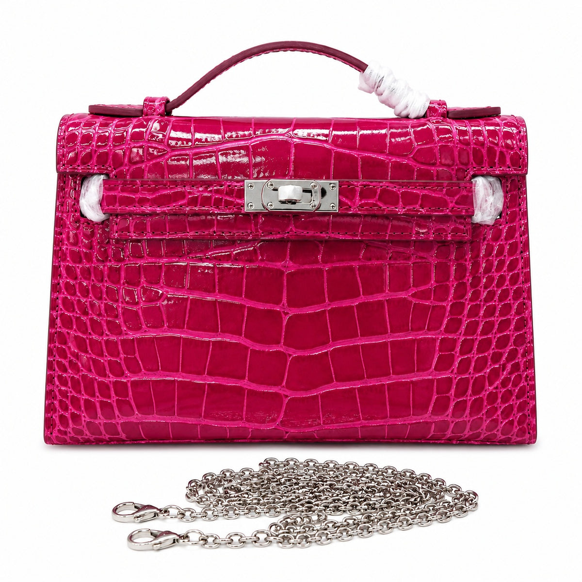 Kelly Pochette Fuchsia Shiny Niloticus Crocodile Leather Palladium Hardware Women Clutch Bag — Refined Small Hand-Carry Bag