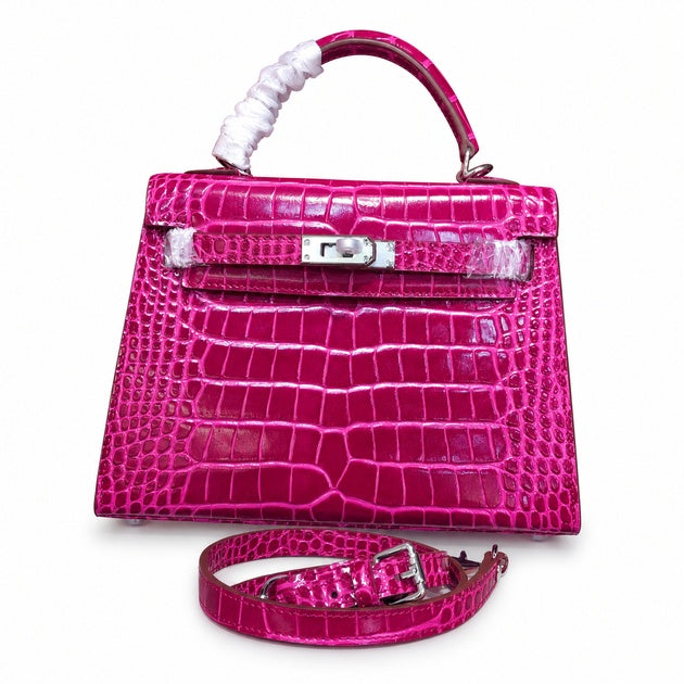 Kelly Sellier 22cm Fuchsia Shiny Crocodile Leather Gold Hardware & Palladium Hardware — Streamlined Top-Handle Handbag