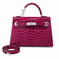 Kelly Sellier 19cm Fuchsia Shiny Crocodile Leather Gold Hardware & Palladium Hardware — Versatile Structured Bag