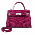 Kelly Sellier 19cm Fuchsia Shiny Crocodile Leather Gold Hardware & Palladium Hardware — Versatile Structured Bag