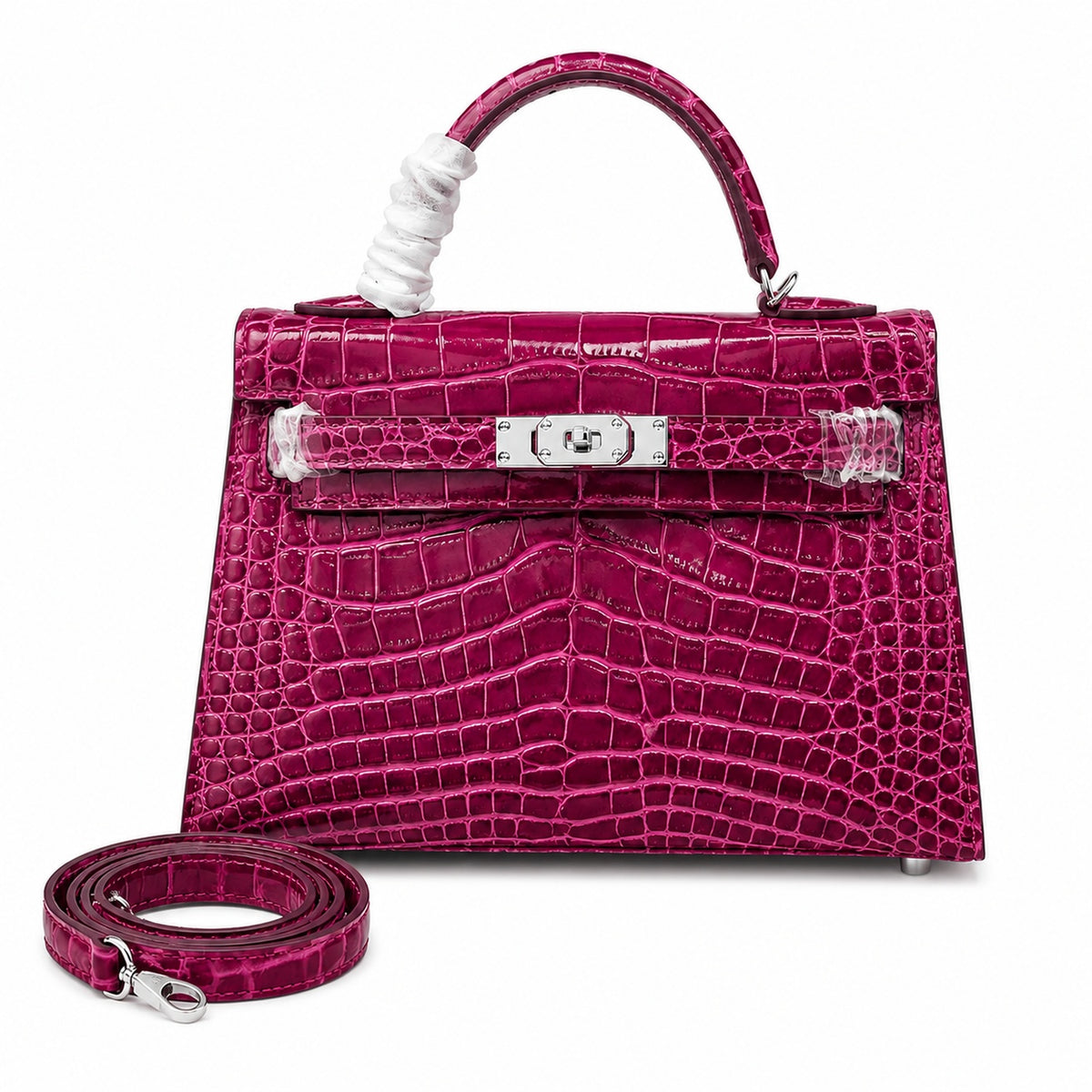 Kelly Sellier 19cm Fuchsia Shiny Crocodile Leather Gold Hardware & Palladium Hardware — Versatile Structured Bag
