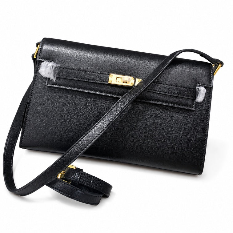 Kelly Elan 25x6.5x15cm Underarm Baguette Bag in Black with Gold Hardware — Streamlined Elan Carry Design
