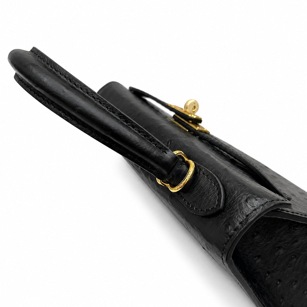 Kelly Sellier 25cm Noir Black Ostrich Gold Hardware Designer Shoulder Tote — Versatile Structured Bag