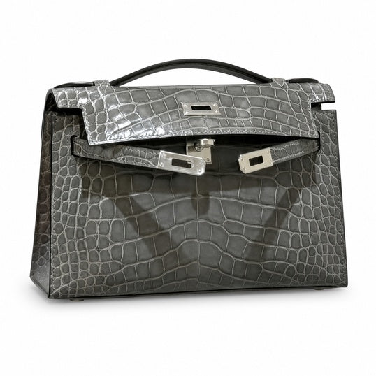 Kelly Pochette Gris Elephant Shiny Niloticus Crocodile Leather Palladium Hardware & Palladium Hardware Women Clutch Bag — Refined Small Hand-Carry Bag