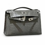 Kelly Pochette Gris Elephant Shiny Niloticus Crocodile Leather Palladium Hardware & Palladium Hardware Women Clutch Bag — Refined Small Hand-Carry Bag