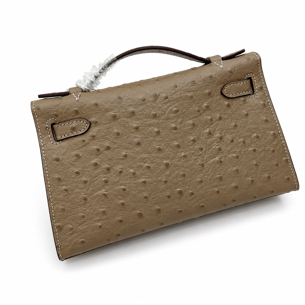 Mini Kelly II Sellier 19cm & 22cm Etoupe Ostrich Leather Gold Hardware — Elegant Compact Carry Style