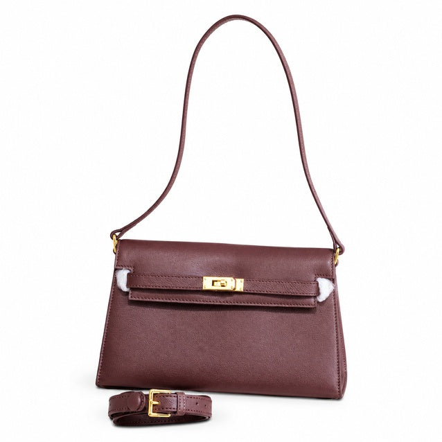 Kelly Elan 25x6.5x15cm Underarm Baguette Bag in Brown with Gold Hardware — Versatile Underarm Carry Style