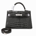 Kelly Sellier 19cm Gris Elephant Shiny Crocodile Leather Gold Hardware & Palladium Hardware — Elegant Structured Carry Style