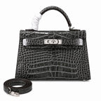 Kelly Sellier 19cm Gris Elephant Shiny Crocodile Leather Gold Hardware & Palladium Hardware — Elegant Structured Carry Style
