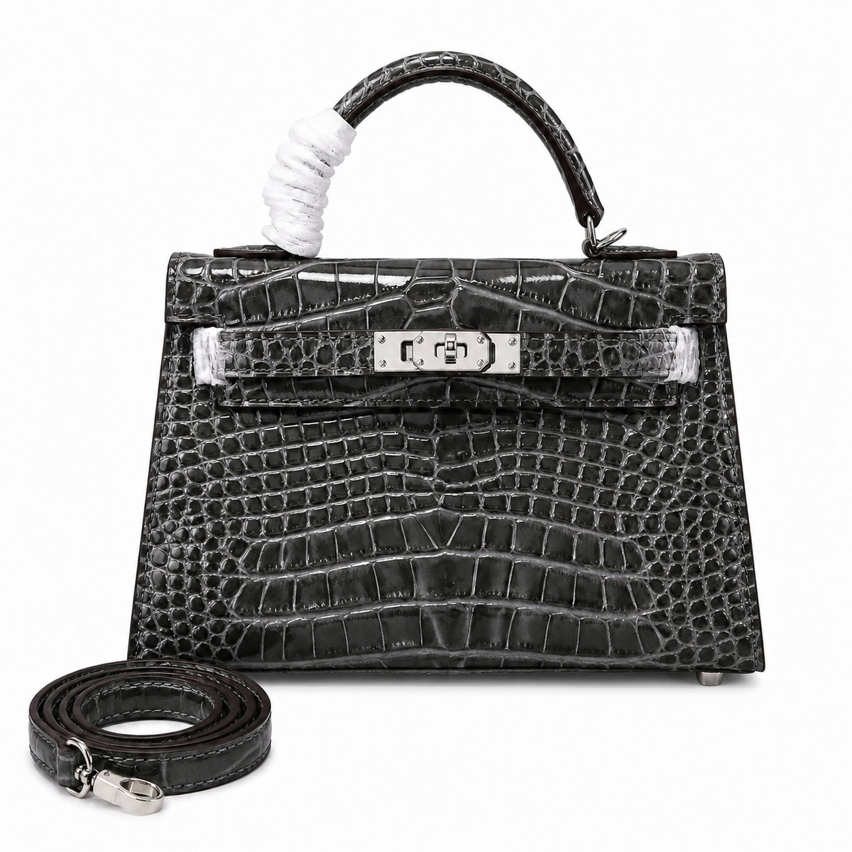 Kelly Sellier 19cm Gris Elephant Shiny Crocodile Leather Gold Hardware & Palladium Hardware — Elegant Structured Carry Style
