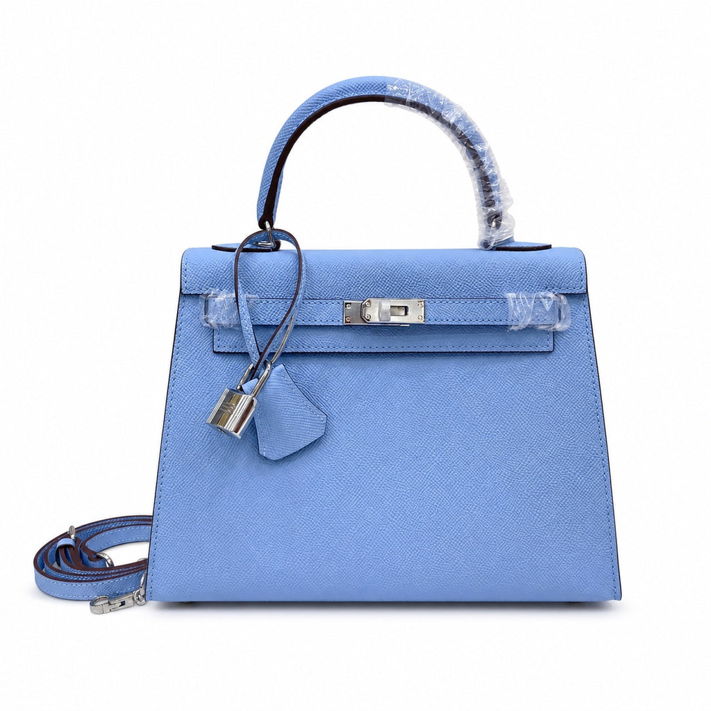Kelly Sellier 25cm & 28cm Bleu Brume Epsom Leather Palladium Hardware Vintage — Distinctive Hand-Carry Bag