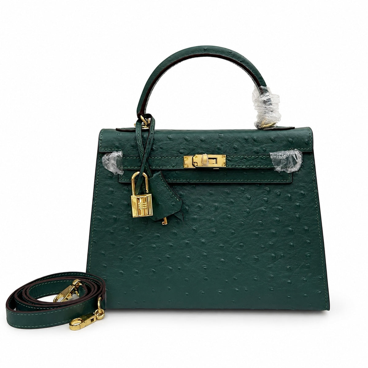 Kelly Sellier 25cm Vert Cypress Ostrich Gold Hardware Vintage — Timeless Top-Handle Design