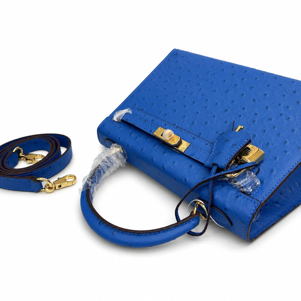 Kelly Sellier 25cm Bleu Electrique Ostrich Gold Hardware Premium Crossbody Purse — Structured Top-Handle Handbag