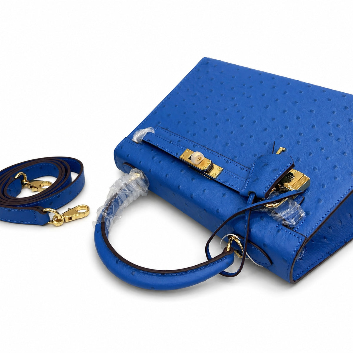 Kelly Sellier 25cm Bleu Electrique Ostrich Gold Hardware Premium Crossbody Purse — Structured Top-Handle Handbag