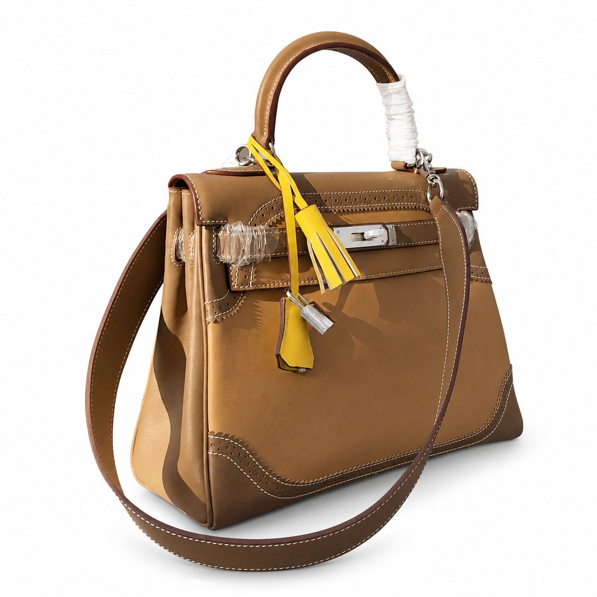 Kelly Sellier Ghillies 28cm Beige Poussière & Marron Foncé Barenia Leather Palladium Hardware — Timeless Top-Handle Design