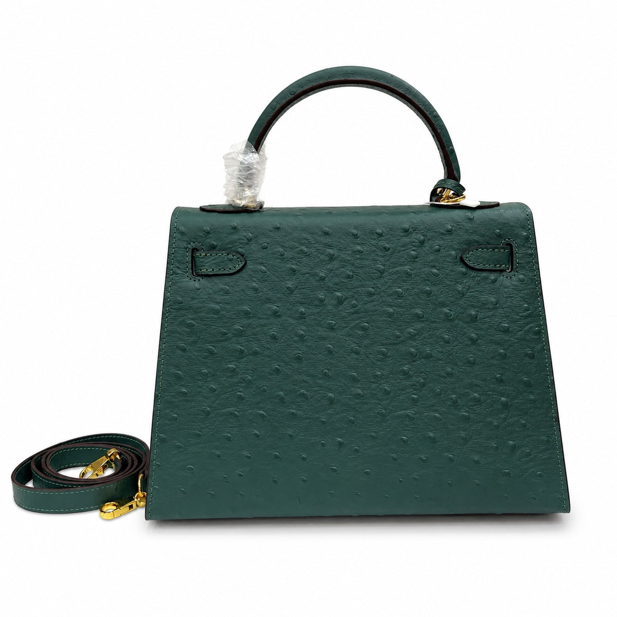Kelly Sellier 25cm Vert Cypress Ostrich Gold Hardware Vintage — Timeless Top-Handle Design