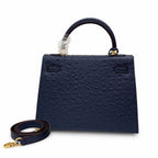 elly Sellier 25cm Bleu Nuit Ostrich Gold Hardware Luxury Commute — Timeless Top-Handle Design